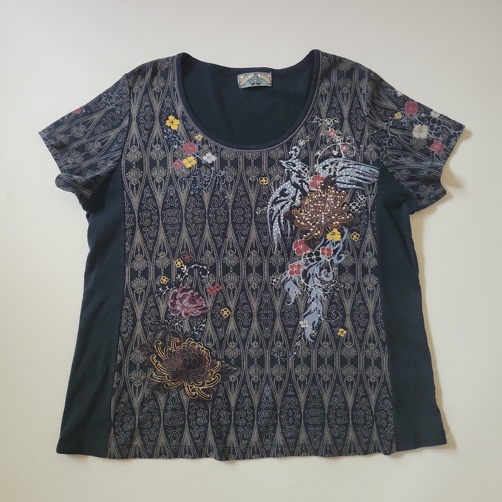 Vanilla Sugar Vintage Y2K McBling Grunge Style T Shirt 1X Black Gray Floral Goth